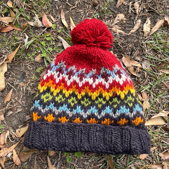 Rainbow Knit Beanie with Pom Pom - Picture 3 of 4
